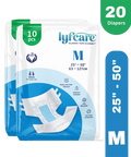 Pack of lyfcare diapers with packaging details on a white background
