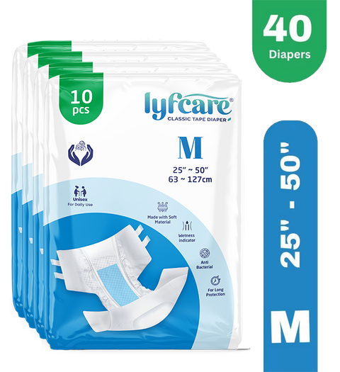 lyfcare Classic Tape Style | Unisex | Medium | Waist Size (25-50 Inch) | Pack of 4 | Adult Diapers - M (40 Pieces)