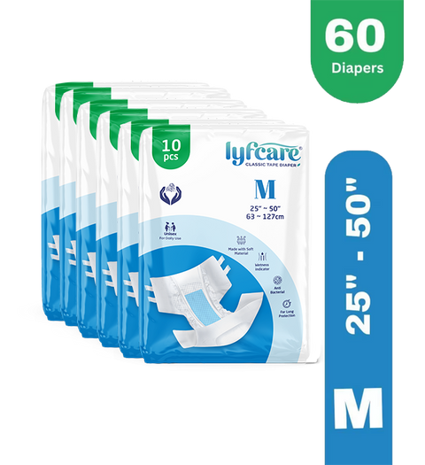 Lyfcare Classic Tape Style | Unisex | Medium | Waist Size (25-50 Inch) | Pack of 6 | Adult Diapers - M (60 Pieces)