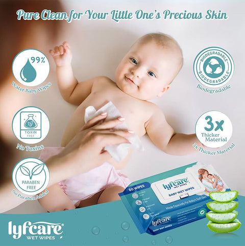 Lyfcare Baby Wet Wipes, 80 wipes, "Made Especially For Baby's Soft Skin" with Aloe Vera Extracts. Image features a cute baby with a pink headband and slices of aloe vera.