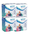 Four packages of lyfcare adult pull-up pads on a white background