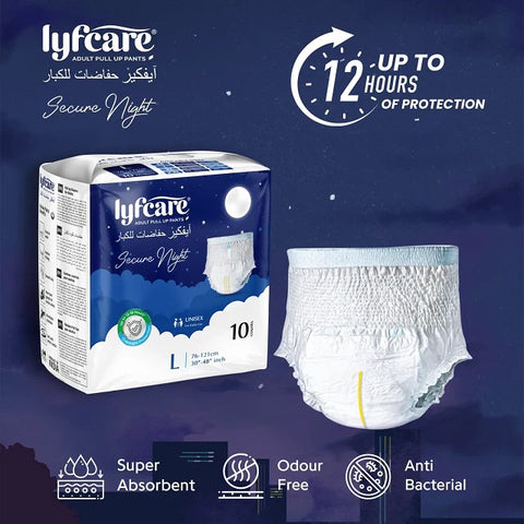 Lyfcare Secure Night Adult Pull Up Pants packaging and product, emphasizing Super Absorbent, Odour Free, and Anti-Bacterial protection for up to 12 hours