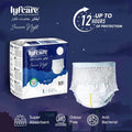 Lyfcare Secure Night Adult Pull Up Pant shown next to its packaging, highlighting the stretchy waistband and key benefits: 12 hours of protection, super absorbency, odour free, and anti-bacterial technology