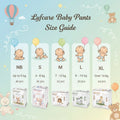 Lyfcare Baby Pants Size Guide with illustrations of babies and balloons on a light blue background.