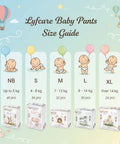 Lyfcare Baby Pants Size Guide with illustrations of babies and balloons on a light blue background.