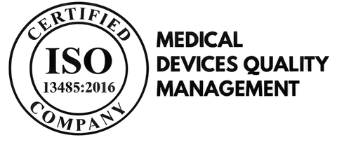 ISO 13485:2016 certified medical devices quality management logo on a white background.