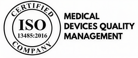 ISO 13485:2016 certified medical devices quality management badge next to bold black text reading 'CERTIFIED ISO COMPANY' and 'MEDICAL DEVICES QUALITY MANAGEMENT' on a white background.