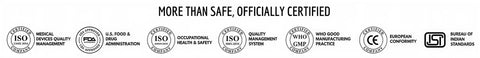 A black banner with rounded corners containing certification logos and text including ISO 9001, ISO 14001, ISO 45001, OHSAS 18001, ISO 9000, Quality Assurance, WHO Good Manufacturing Practice, CE, and BS EN 14064.