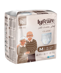 Box of lyfcare adult pull-up pants with illustrations of an elderly couple on a white background