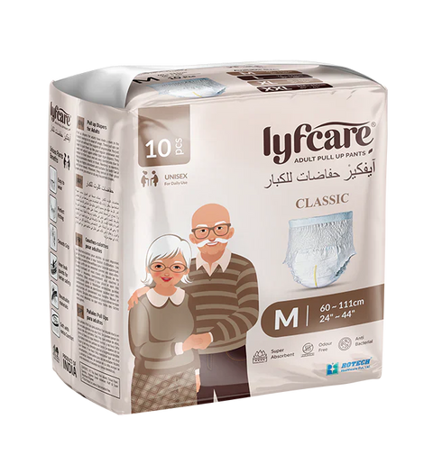 Box of lyfcare adult pull-up pants with illustrations of an elderly couple on a white background