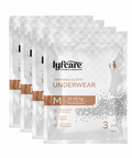Three packages of lyfcare disposable elastic underwear on a white background
