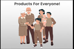 A cartoon-style illustration of a multi-generational family of six under the text 'Products For Everyone!' on a light gray background.
