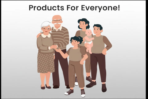 A cartoon-style illustration of a multi-generational family of six under the text 'Products For Everyone!' on a light gray background.