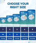 Lyfcare baby diapers with size chart on a light blue background