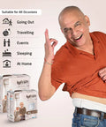 Man pointing to his stomach with lyfcare products displayed, suitable for various occasions.