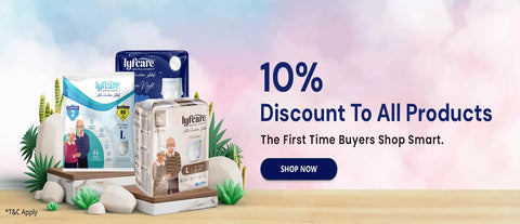 Promotional banner featuring Hyfcare baby care products including a diaper bag and diaper pail, set against a pastel sky background with text reading '10% Discount To All Products' and a 'SHOP NOW' button.