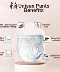 Unisex pants with labeled benefits on a beige background