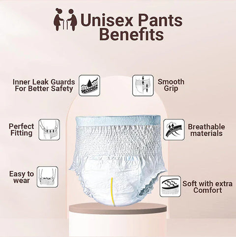 Unisex pants with labeled benefits on a beige background