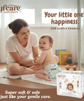 Woman and baby with lyfcare baby pants packaging in a room setting